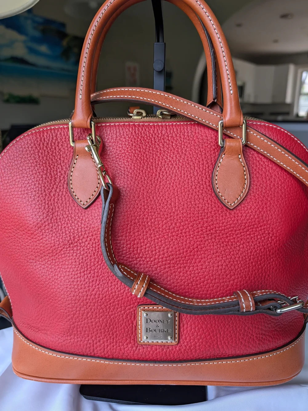 Dooney & Bourke Red Pebbled Leather Satchel with Tan Trim.Used In Great Conditio